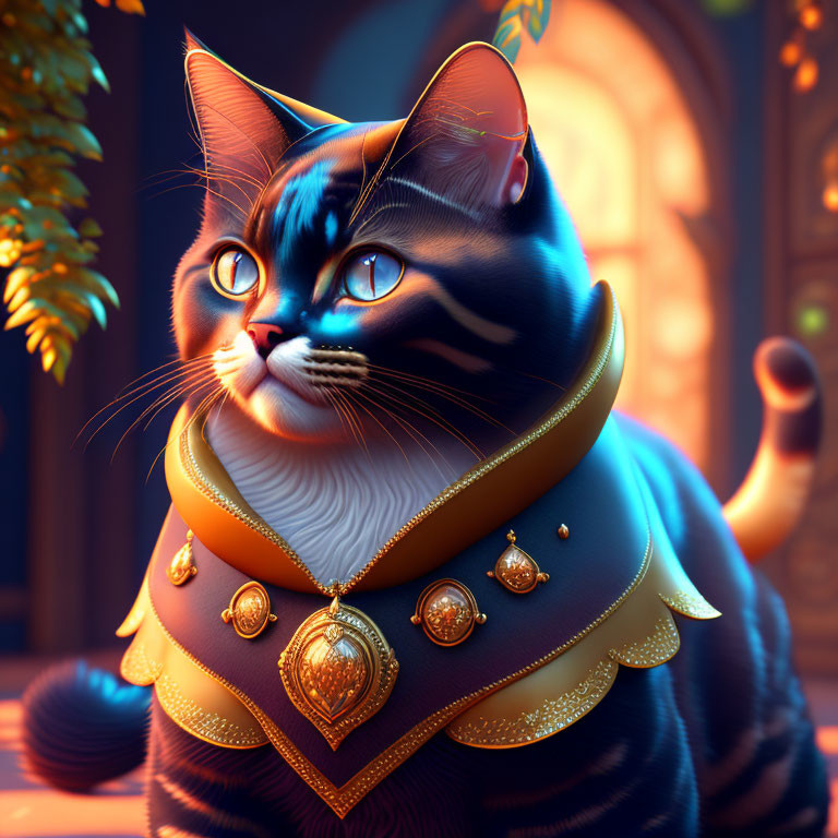 Regal animated cat with blue eyes in ornate golden collar amid warm interior.