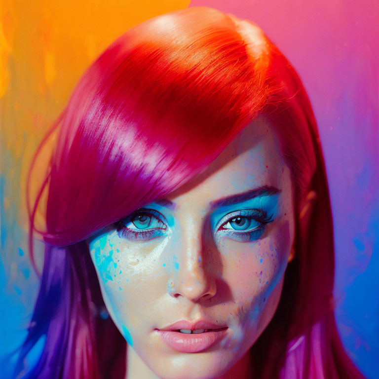 Vibrant red-haired woman with colorful makeup and paint splashes