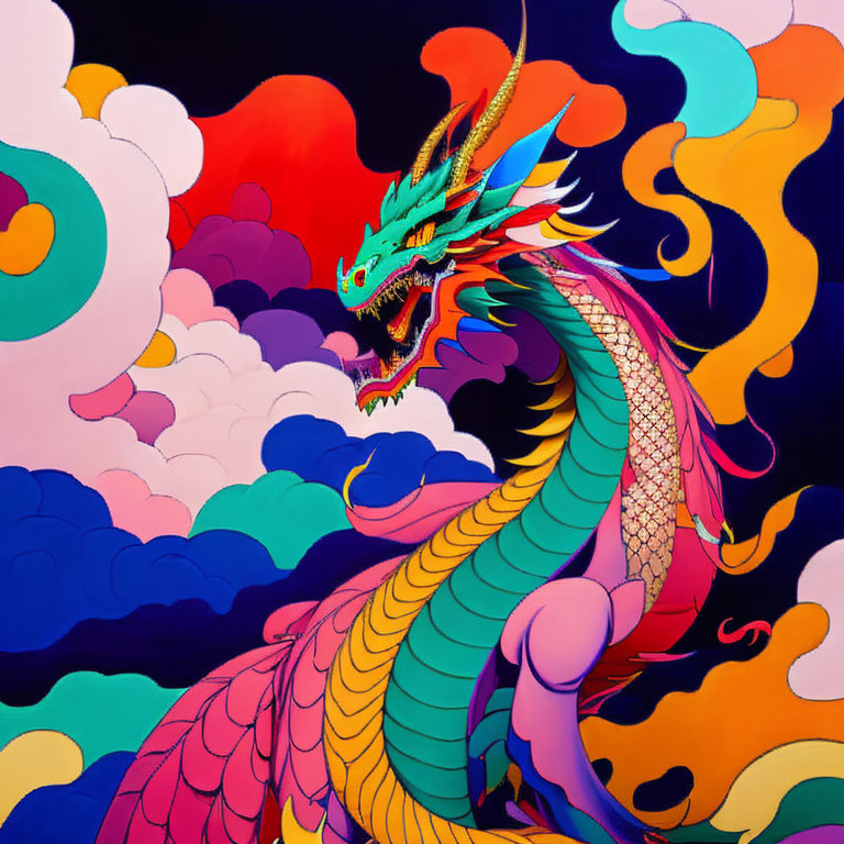 Colorful Dragon Ascending Through Clouds on Dark Background