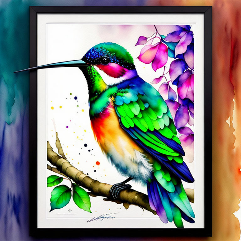 Colorful Hummingbird Watercolor Painting on Branch with Purple Leaves