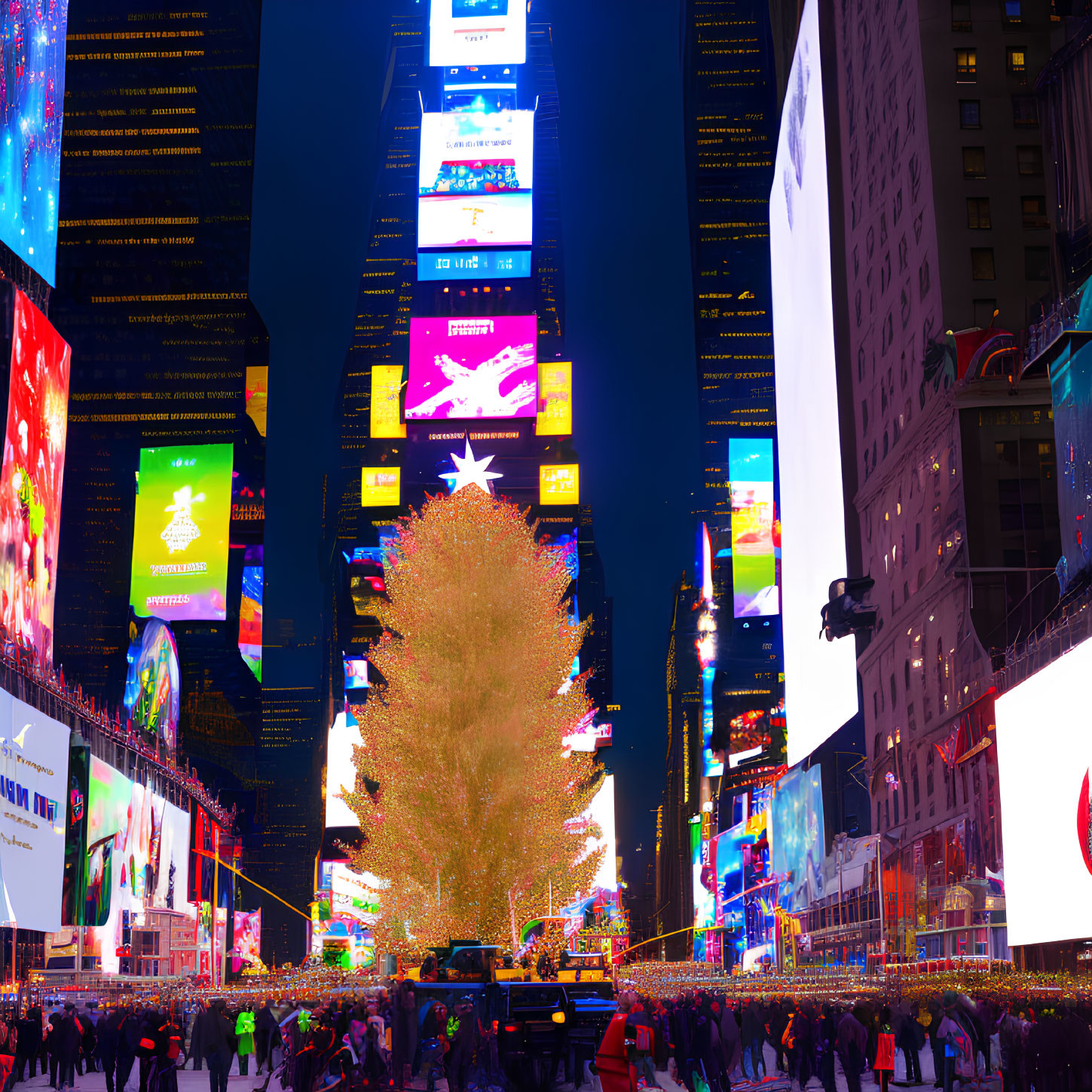 Vibrant city square with illuminated billboards and Christmas tree