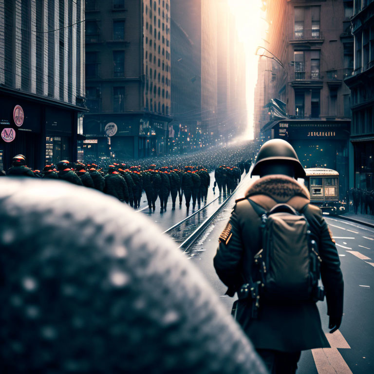 Person with backpack walking towards group of uniformed individuals on city street