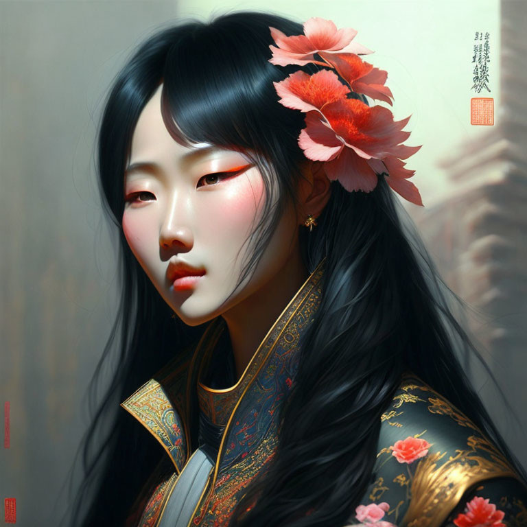 Digital painting of woman with long black hair in Asian attire & pink flowers.