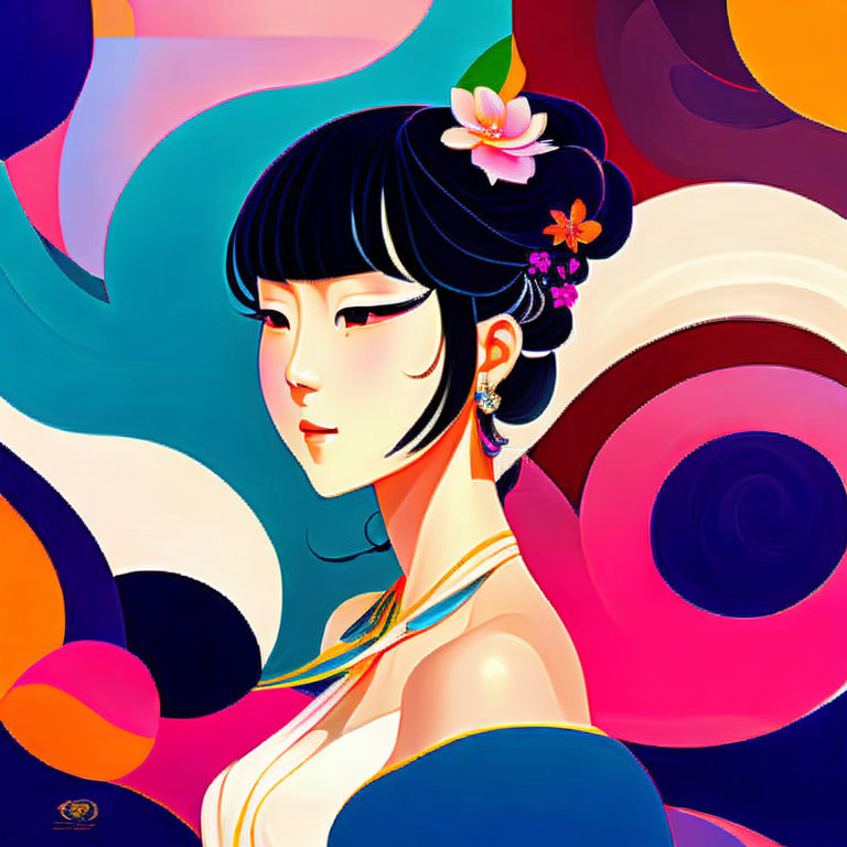 Colorful Illustration of Woman with Bob Haircut and Flower Adornments