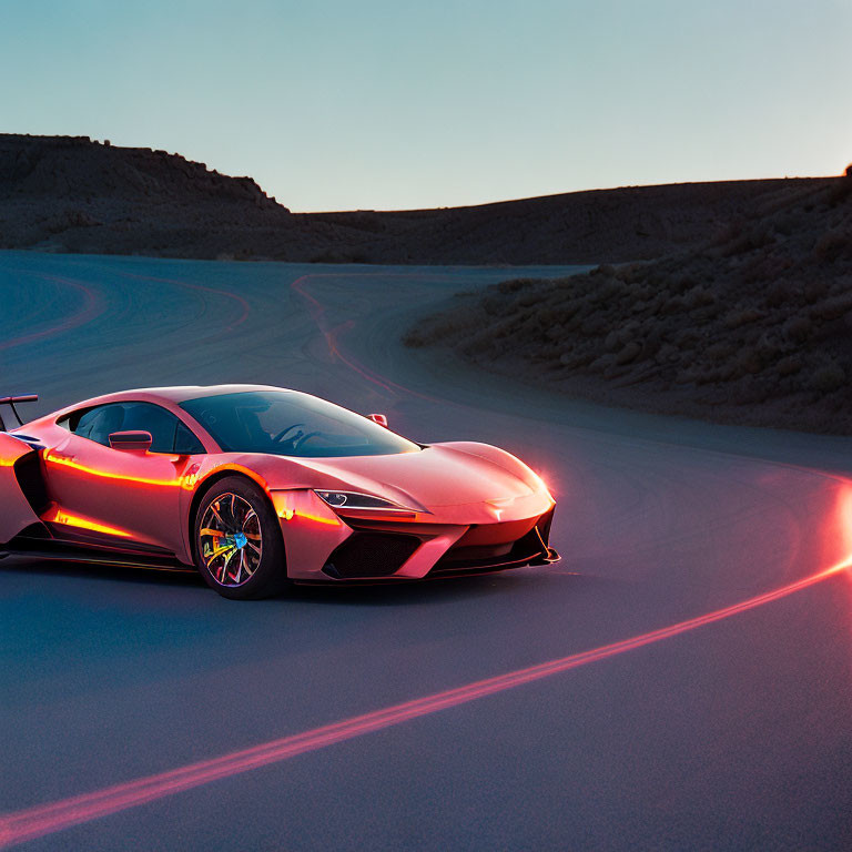 Speeding Red Sports Car on Road at Dusk with Light Trails