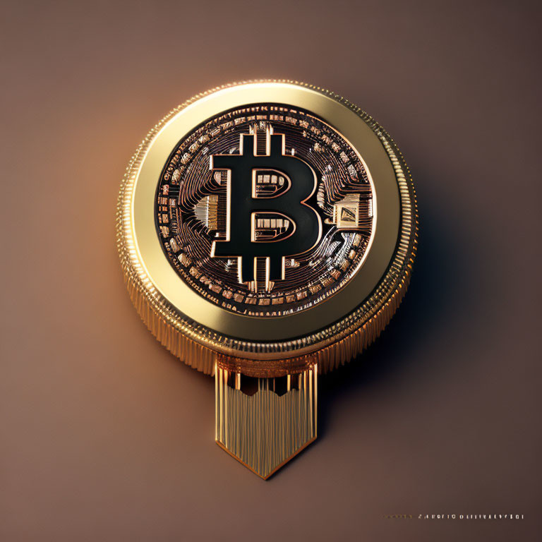 Detailed 3D Rendering of Bitcoin with Intricate Patterns on Beige Background