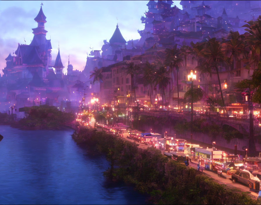 Purple-hued cityscape at dusk: serene river, vintage cars, fantasy-like buildings