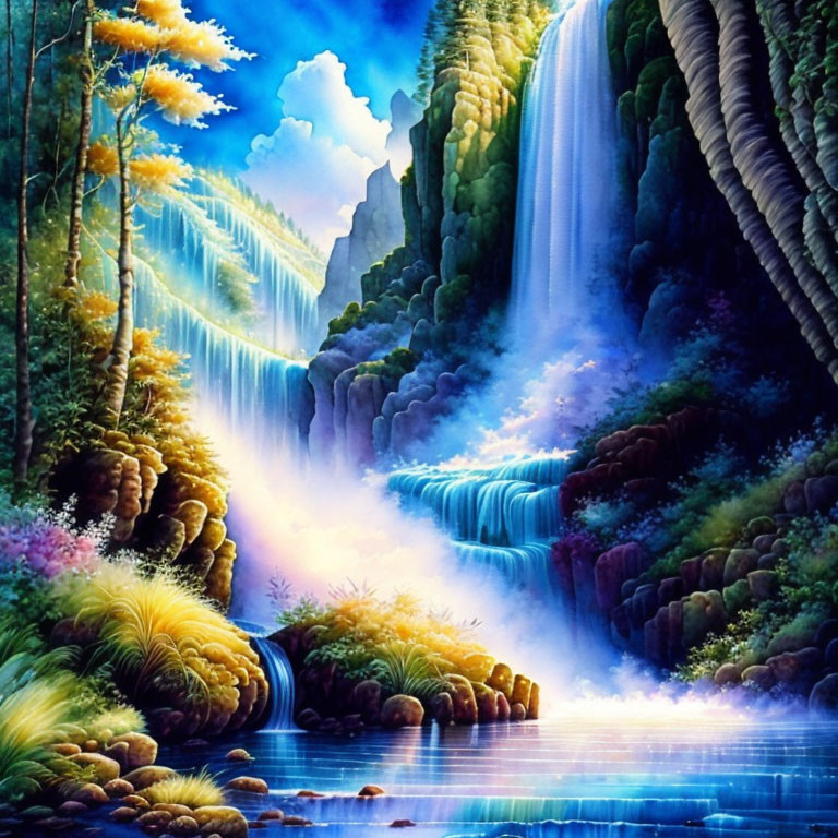 Colorful Waterfall Painting with Lush Vegetation and Reflective Pool