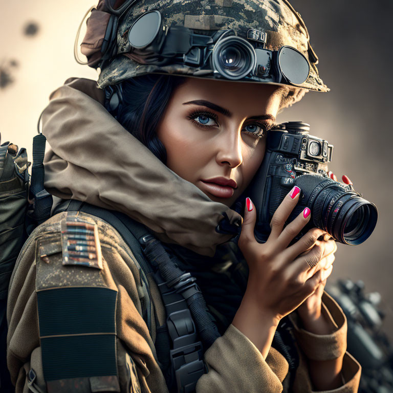 Female soldier with camera and night-vision goggles in military gear