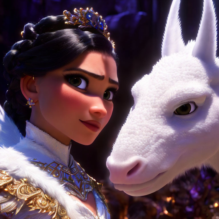 Young woman with braided hair and tiara beside white unicorn in mystical setting