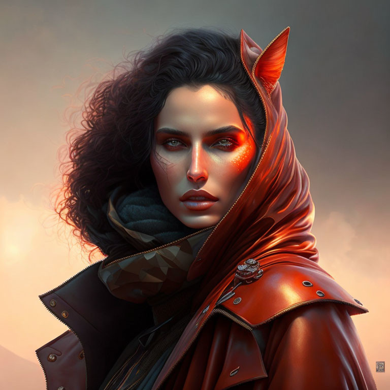 Digital Artwork: Woman with Fox-like Ear in Red Hooded Coat