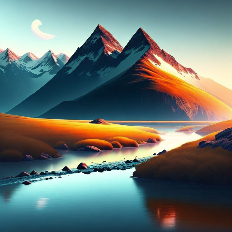 Tranquil landscape with sunlit hills, serene river, snowy peaks under moonlit sky