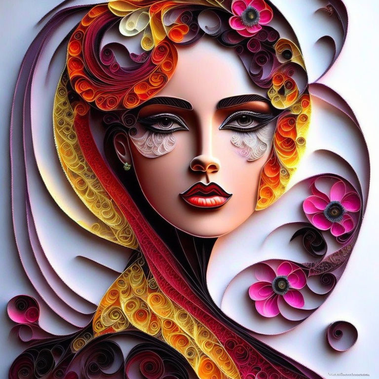 Colorful Woman Portrait with Swirling Patterns and Floral Motifs