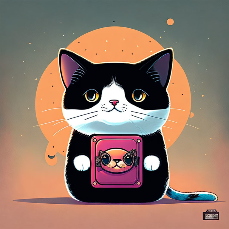 Stylized black and white cat with pink cassette player on orange moon backdrop