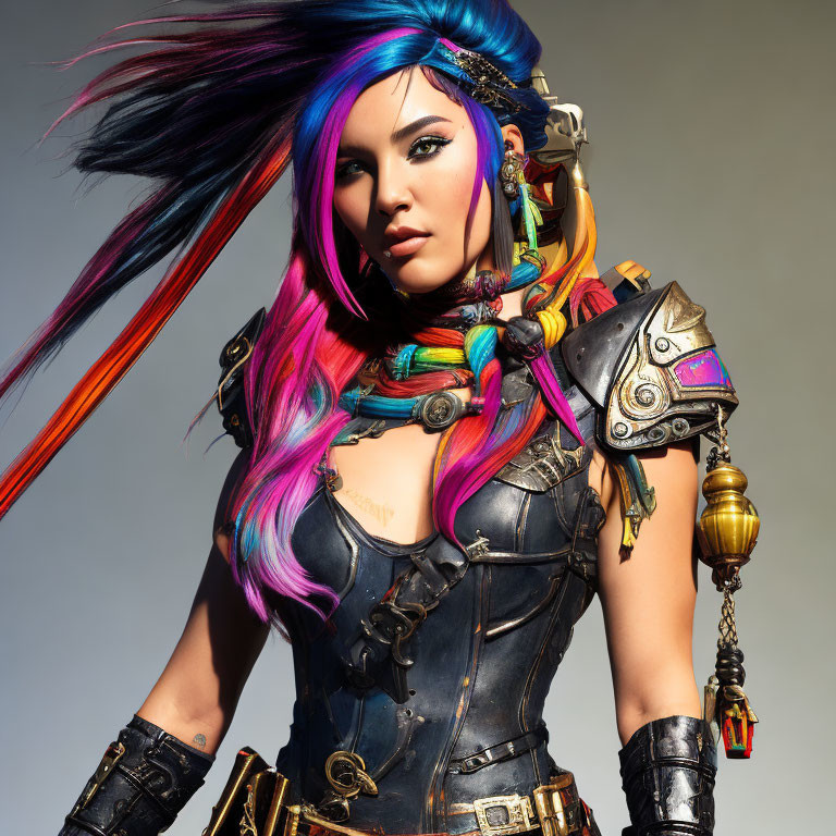 Vibrant fantasy-themed digital artwork of female character with colorful hair and intricate armor