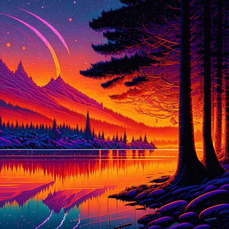 Serene Lake Landscape Twilight Illustration: Reflection, Pine Trees, Mountains, Starry Sky