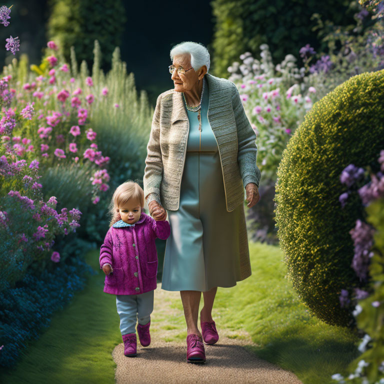 Elderly woman and child walking in flower garden