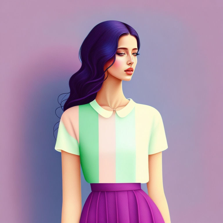 Stylized illustration of woman with blue hair in pastel outfit