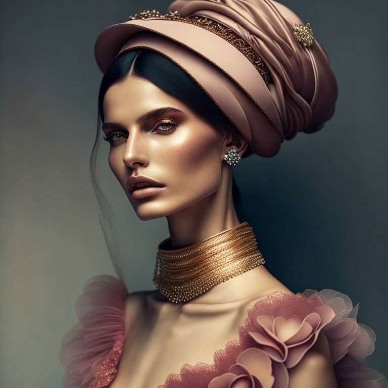 Woman with Striking Makeup and Stylish Turban with Pearls and Floral Outfit