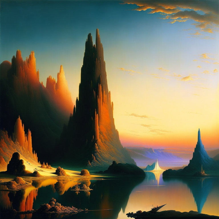 Fantastical landscape with towering spires, cliffs, and serene river at sunset