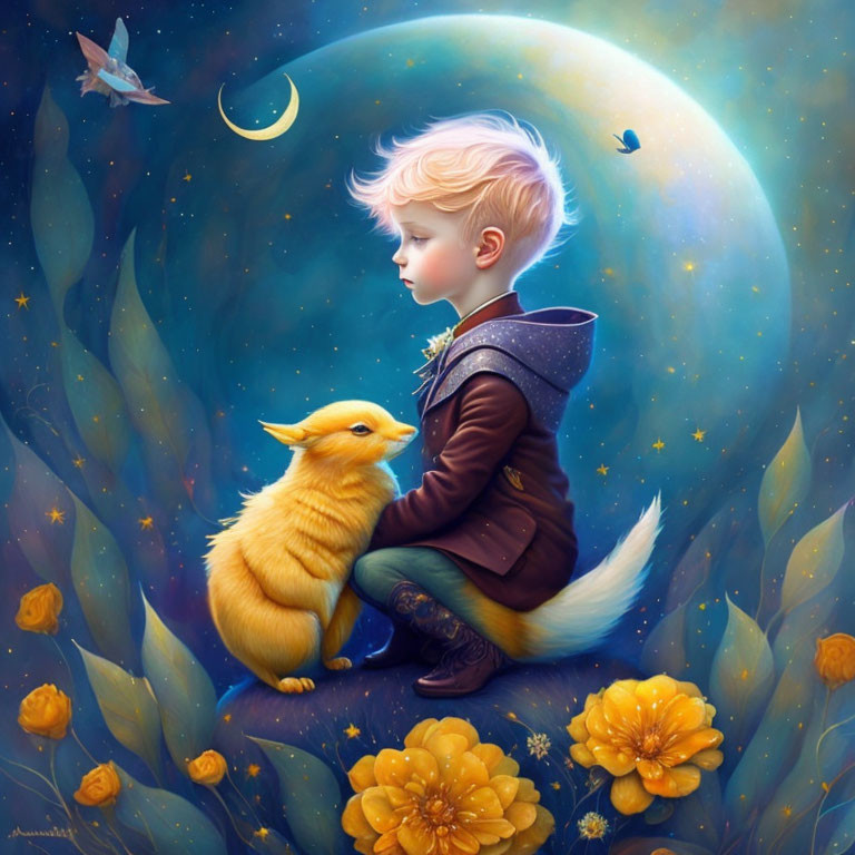 Boy in space-themed outfit with yellow creature and crescent moon in a field.