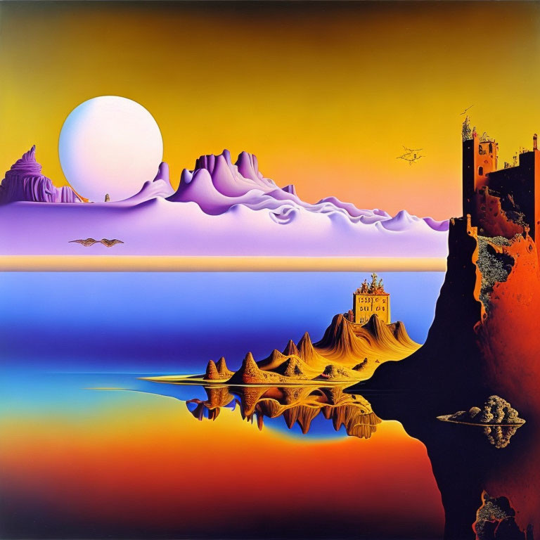 Surreal landscape featuring calm lake, rocky structures, castle, birds, and setting sun