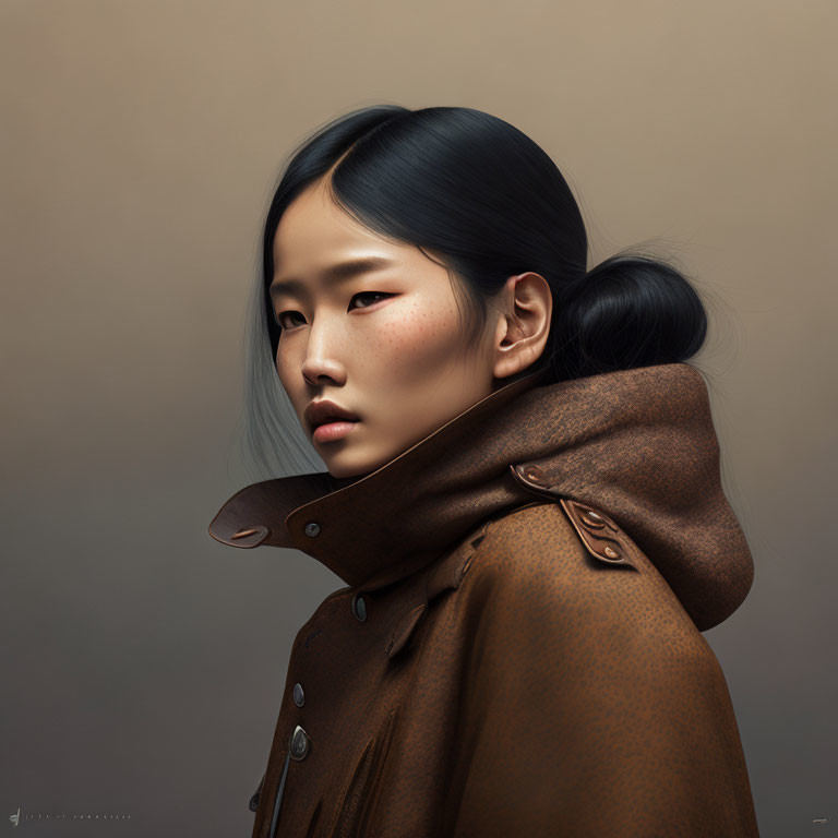 Woman with Black Hair in Brown Leather Jacket Portrait