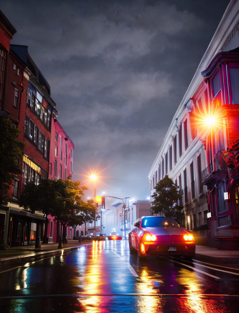 Urban night scene: wet street, colorful building lights, glowing car taillights, starry sky