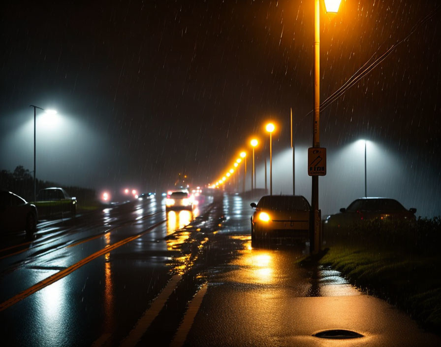 Rainy Night Scene: Vehicles on Wet Road with Street Lamps and Car Headlights Reflecting