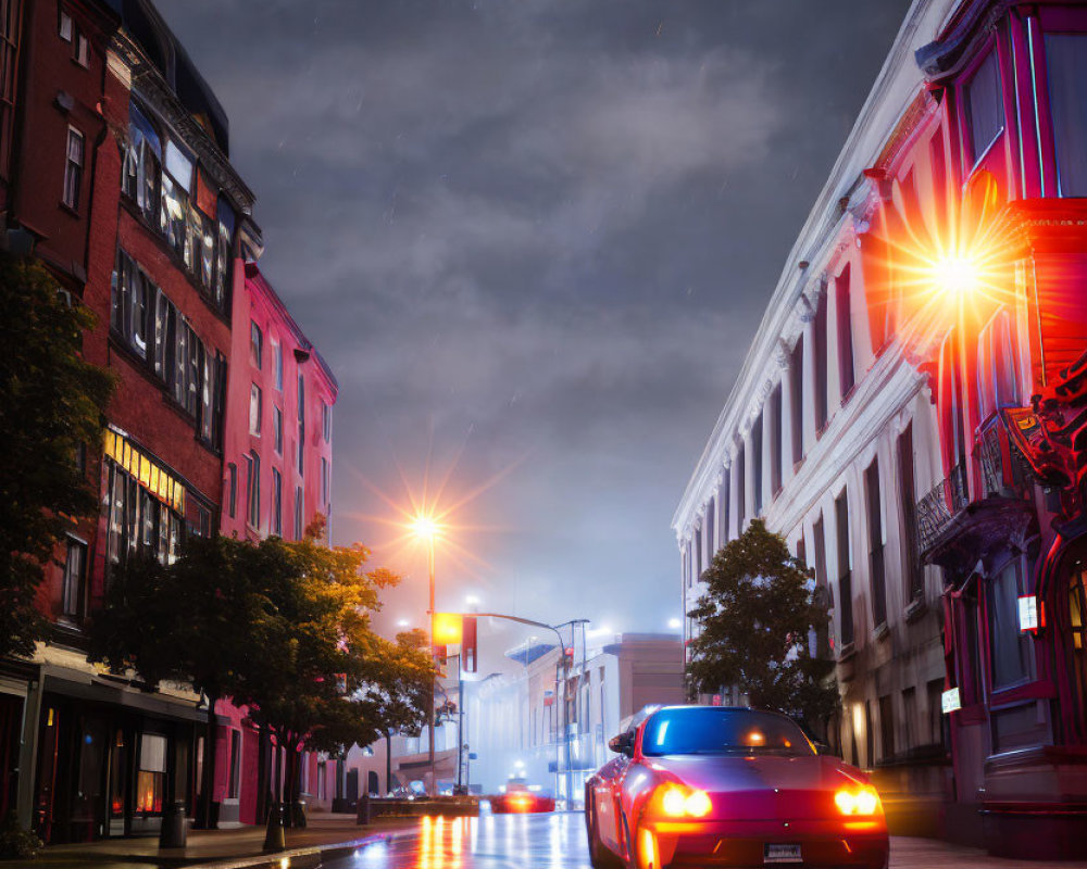 Urban night scene: wet street, colorful building lights, glowing car taillights, starry sky