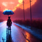 Person with Umbrella Standing on Wet Road Under Glowing Streetlamp at Dusk with Red Sky