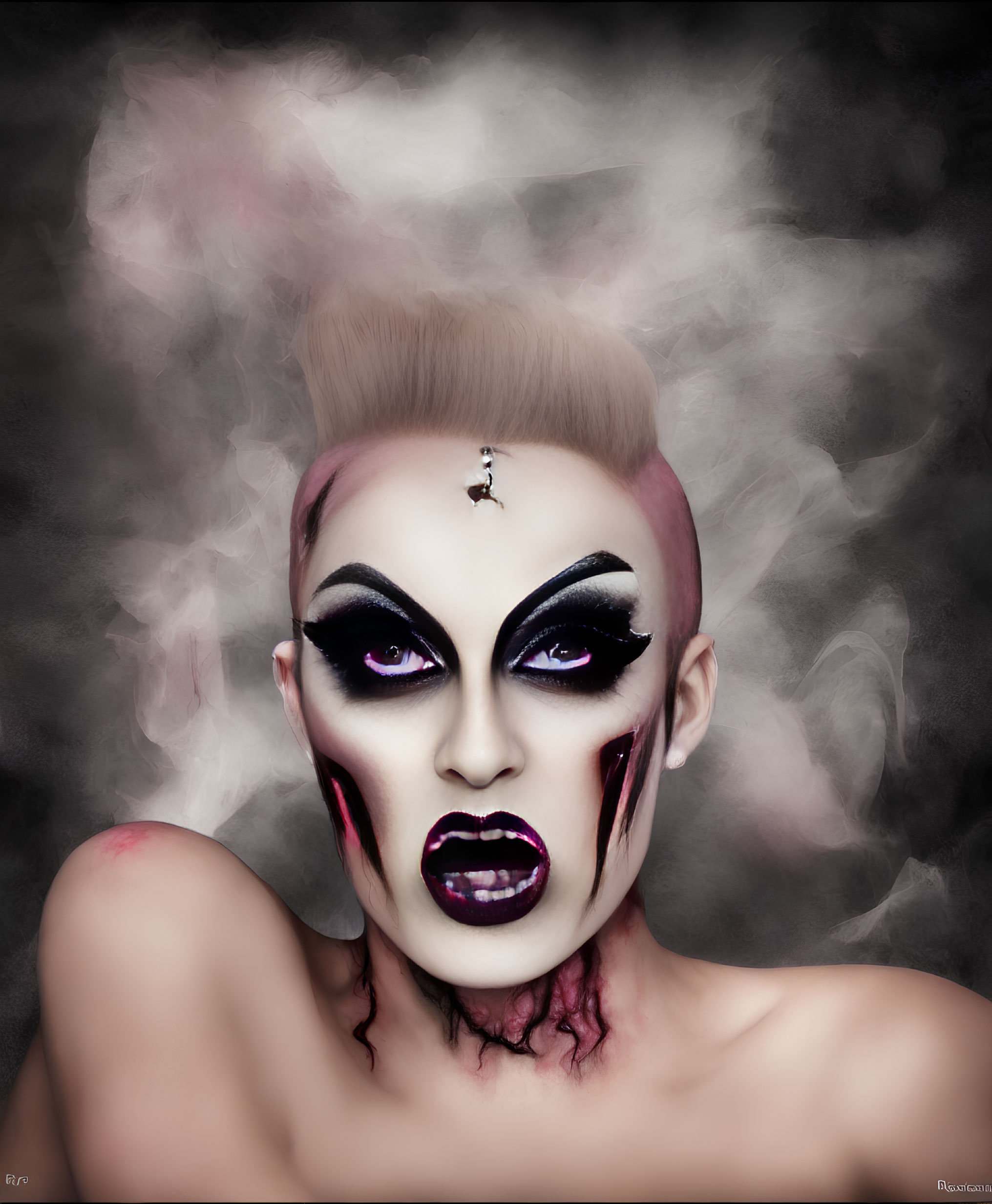 Bold Drag Queen Makeup with High Hairstyle on Dark Background