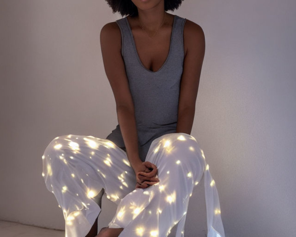 Woman sitting peacefully in warm glowing lights