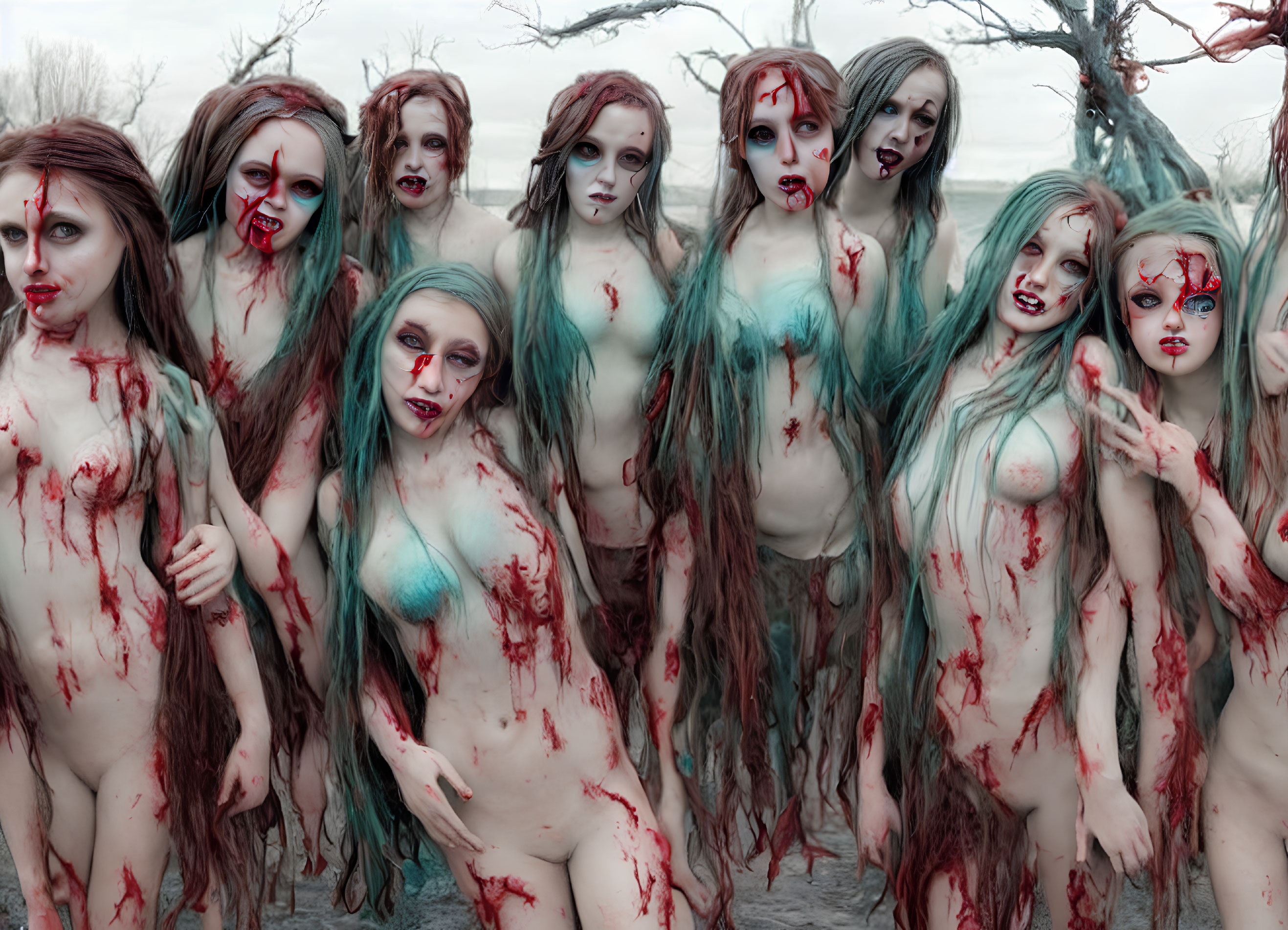 Multiple pale-skinned women with bloody makeup posing among barren trees