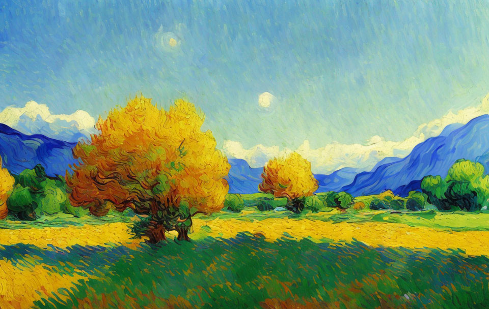 Colorful landscape painting with golden trees, blue hills, and textured sky