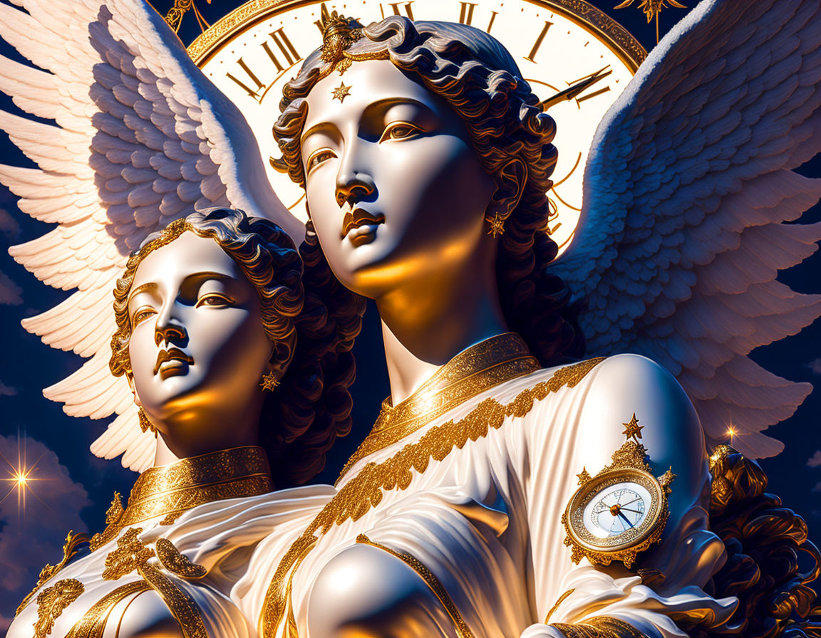 Golden angelic statues in twilight sky with stars and glowing lights