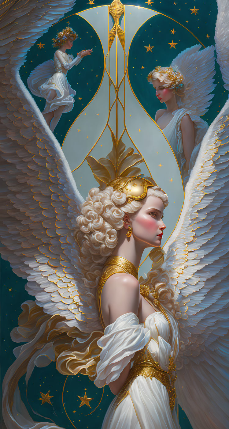 Ethereal painting of angel with large white wings and golden headdress