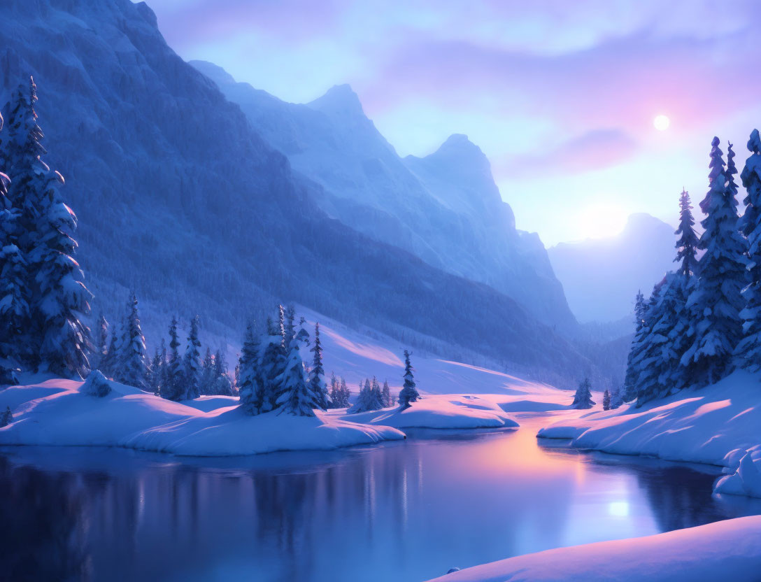 Snow-covered trees, serene river, pink sunrise, and mountain peaks in tranquil winter scene