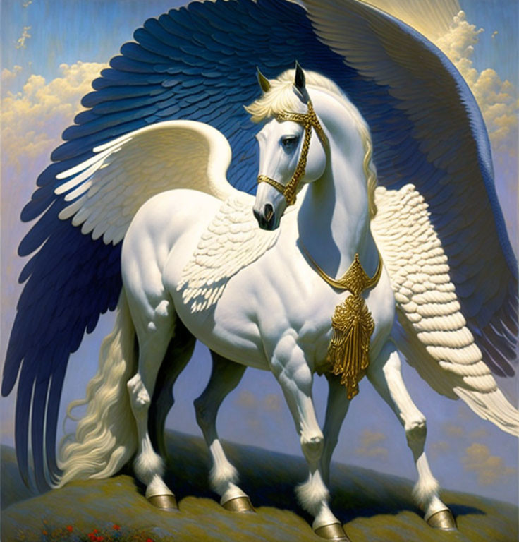 White Winged Horse with Golden Bridle and Hoof Guards under Bright Sky