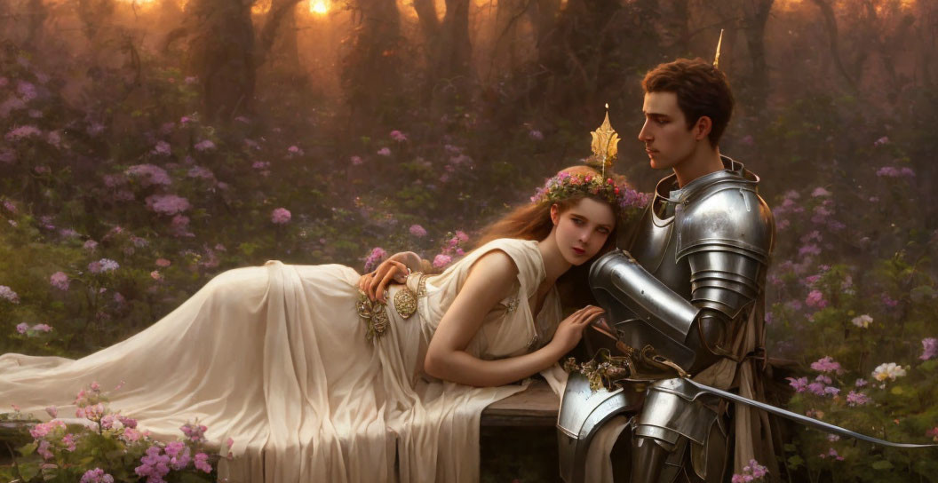 Woman in white dress reclining on knight in armor in blossoming forest at sunset