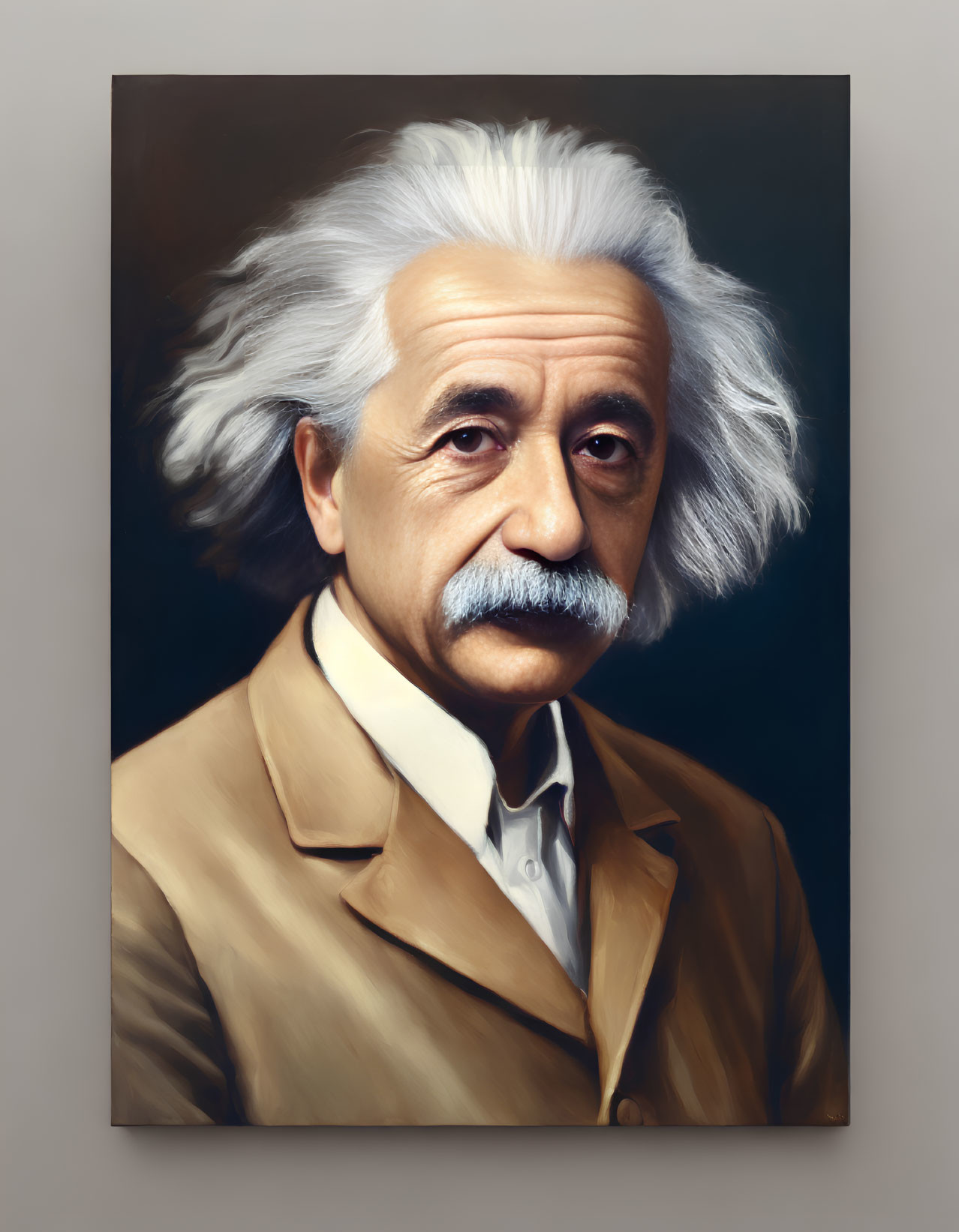 Man with Bushy White Hair & Mustache in Beige Jacket & High Collar Shirt