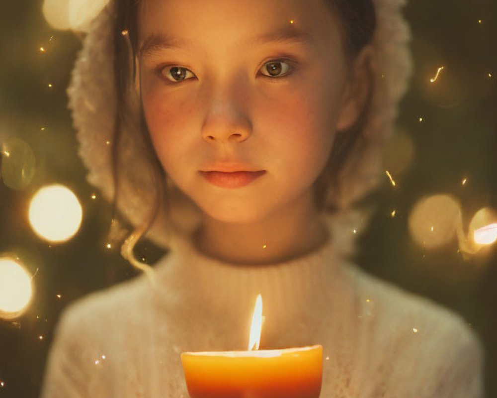 Young girl in white outfit with fur-trimmed hood holding lit candle in soft bokeh lights