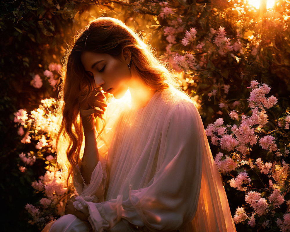 Woman in flowing dress surrounded by pink blossoms under warm sunlight