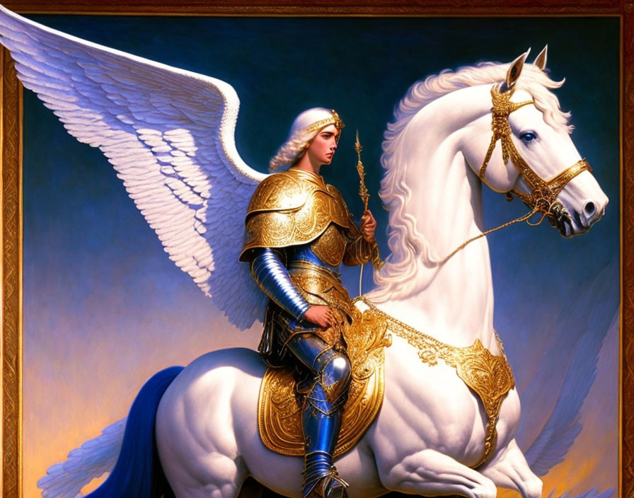 Armored knight with wings on white horse in golden accessories against blue background