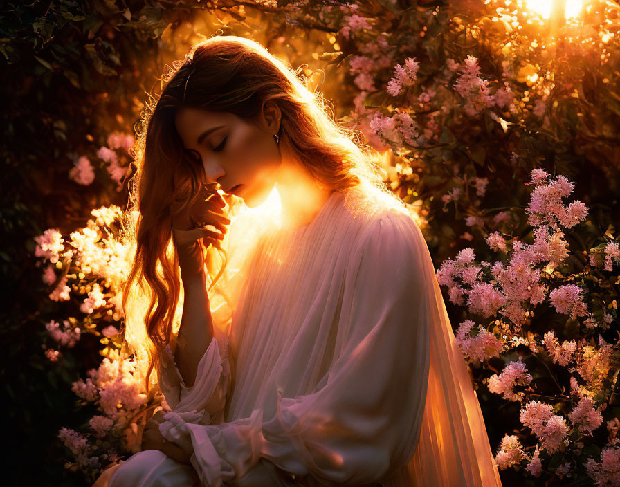 Woman in flowing dress surrounded by pink blossoms under warm sunlight