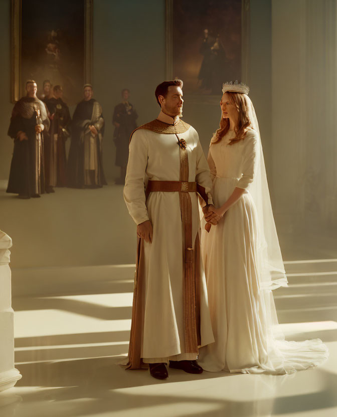 Regal couple in medieval attire in elegant sunlit room