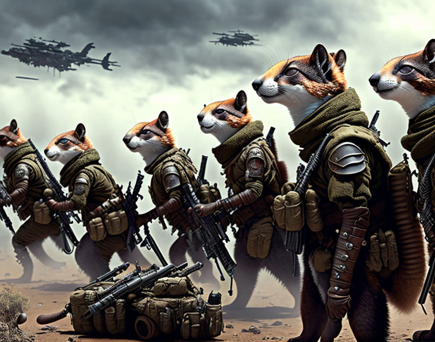 Anthropomorphic Fox Soldiers in Military Gear Amid Desert Storm.