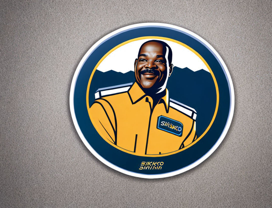 Circular logo illustration with smiling man in yellow shirt on grey background - "Stijsko" above