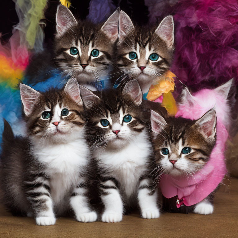 Four kittens with unique markings and bright eyes against vibrant feathered backdrop