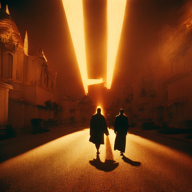 Silhouetted figures walking towards bright cross in deserted cityscape